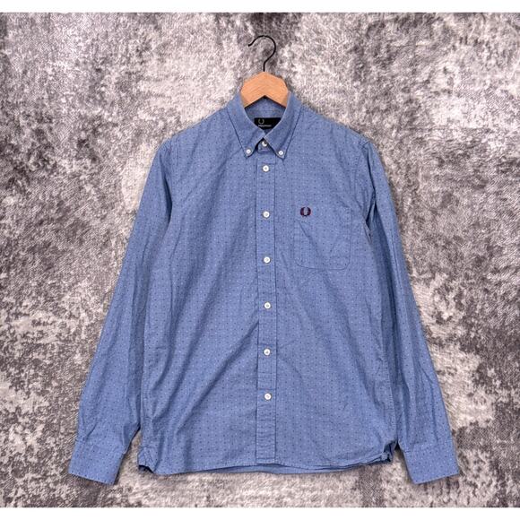 Fred Perry Shirt Medium Mens Blue Polka Dot Woven Long Sleeve Button Down - Picture 1 of 8